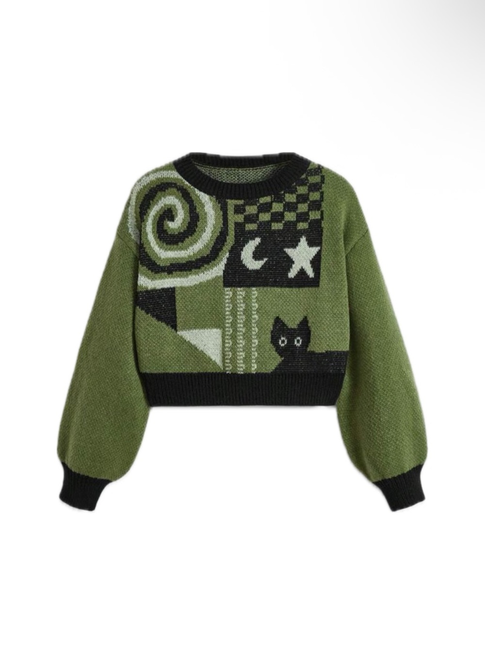 Romwe Women’s Olive Green Graphic Cat Crop Sweater XL